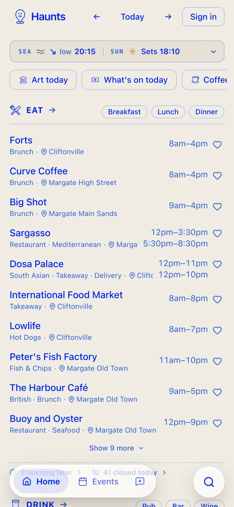 Haunts home screen: tide and sunset times, then Margate places to eat with today's opening hours